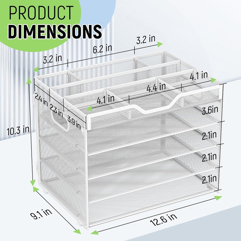 Docnest 5 Tier Mesh Desk Organizer- Letter Tray with Adjustable Compartments, Mesh Desktop Storage Built in Pen Holder and Handles, Desk Organizer Tray for Mail Documents Office Supplies–White - Image 3